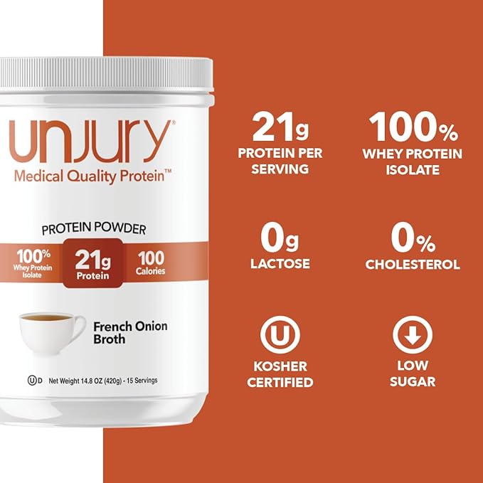 Unjury Whey Protein Powder | French Onion High Protein Soup | 21g 100% Whey Isolate Protein Powder | Low Carb and Lactose Free | Gluten Free | Certified Kosher | 15 Servings