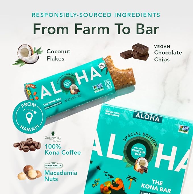 ALOHA Organic Plant Based Protein Bars | The Kona Bar - Special Edition | 6 Count 1.98oz Bars | Vegan Low Sugar Gluten Free Paleo Low Carb Non-GMO Stevia Free Soy Free No Erythritol