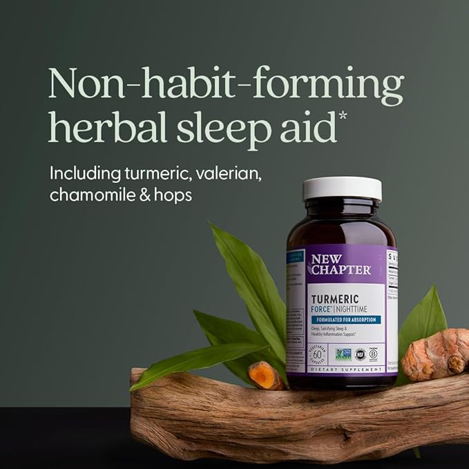 New Chapter Turmeric Supplement + Sleep Aid - Turmeric Force Nighttime for Sleep Support with Valerian Root + Ginger + NO Black Pepper Needed + Non-GMO Ingredients - 60 Vegetarian Capsule