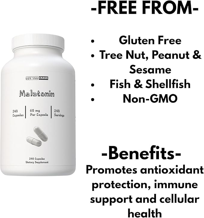 Melatonin 60mg - 240 Capsules - High Dose Melatonin for Adults - Extra Strength Sleep Support - Melatonin 60mg Adult Extra Strength Supplements