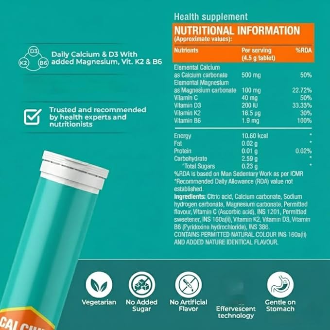 Calcium with Essential Vitamin D3 for Complete Health Support - Vitamin D3 Calcium &amp Magnesium Combination for Better Absorption (20 Tablets Orange Flavour)