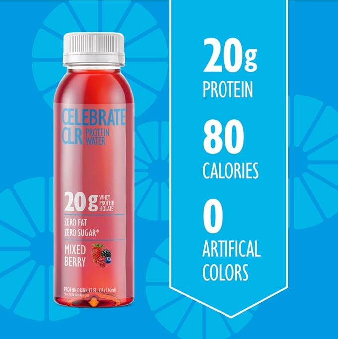 Celebrate Vitamins Celebrate CLR Whey Isolate Protein Water Mixed Berry - 20g Protein Ready to Drink - Gluten Free and Sugar Free - For Post Bariatric Surgery Patients 12 Pack