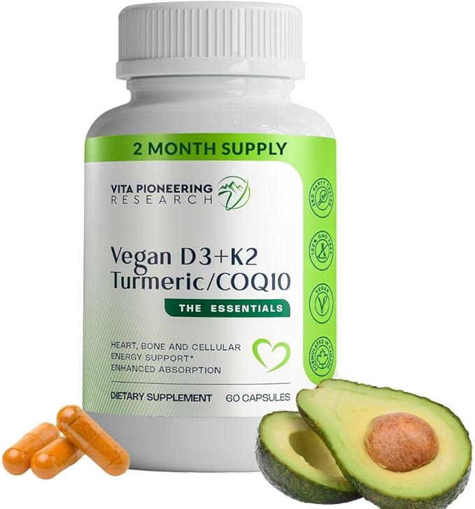 5-in-1 Vitamin D3 2000IU + K2Vital Vitamin K2 with Turmeric and COQ10 - with Avocado Powder for Enhanced Absorption - Heart Bone Cellular Health Support