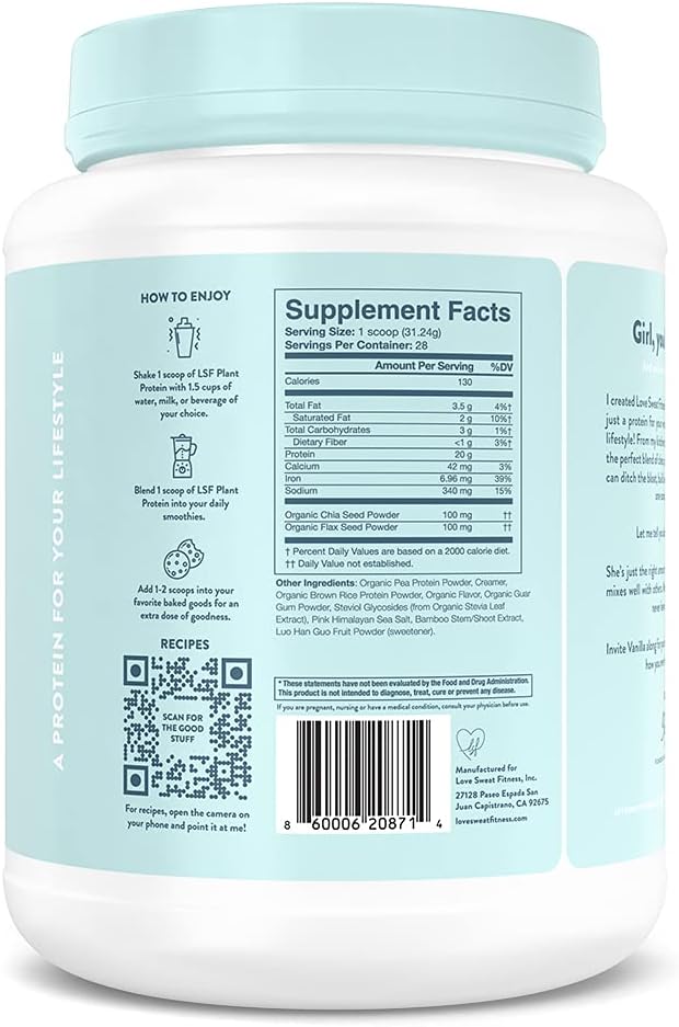 Love Sweat Fitness Organic Vegan Protein Powder for Women | 20g Plant Protein | No Bloat No Chalk | Vanilla | Sugar Free Gluten Free Non-GMO | 28 Servings