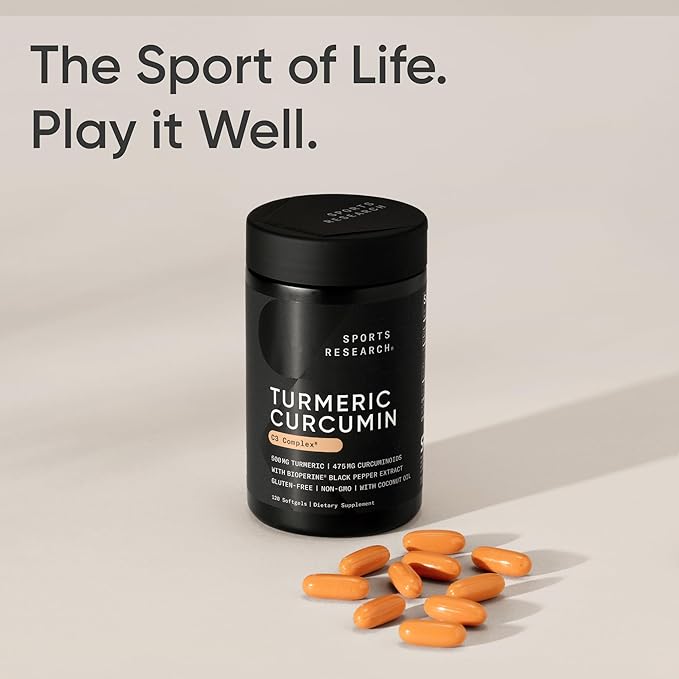 Sports Research® Turmeric Curcumin C3 Complex® w/BioPerine Black Pepper Extract &amp Organic Coconut Oil - Standardized 95% Curcuminoids · Non-GMO · Gluten Free - 120 Count Softgels