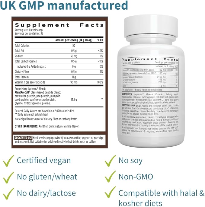 Vegan Vanilla Collagen Protein Powder + Calcium &amp Magnesium Complex Bundle Comprehensive Bone Support by Igennus