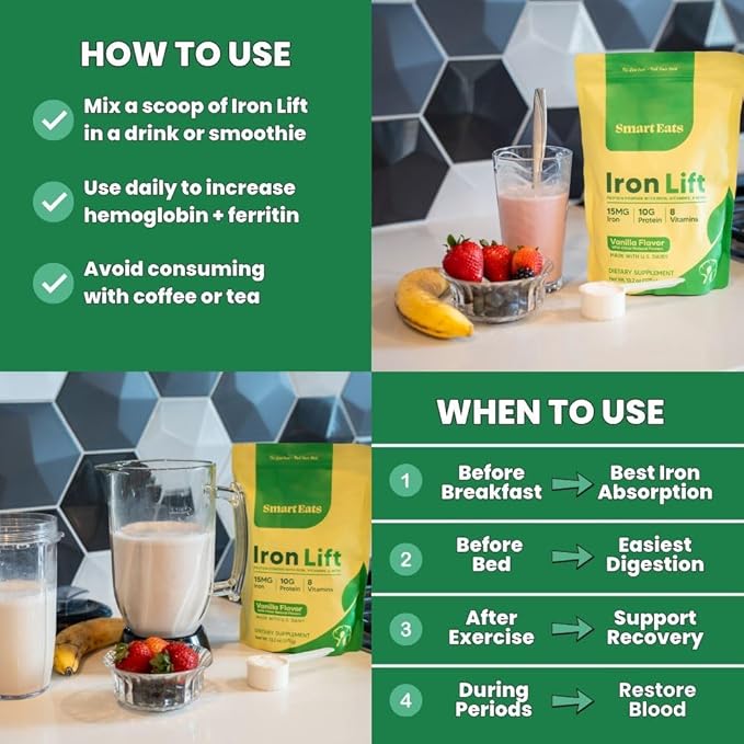 Smart Eats - Iron Powder | Highly Absorbed | Avoids Side Effects | Complete Nutrition: Protein Vitamins Fiber | Tasty Drinks &amp Shakes | Boost Hemoglobin Ferritin | Vanilla Flavor | 15 Scoops