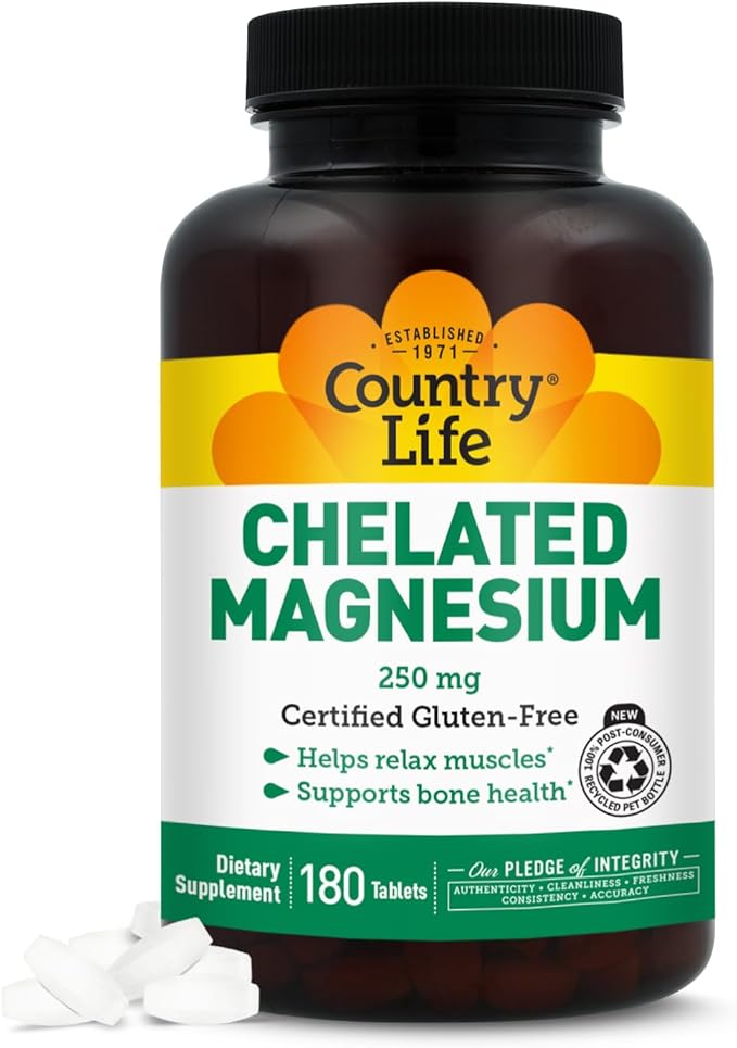 Country Life Chelated Magnesium 250mg - Supports Heart Bone &amp Muscle Health Vegan-Friendly Magnesium Supplement with Magnesium Oxide and Amino Acid Chelate Gluten-Free