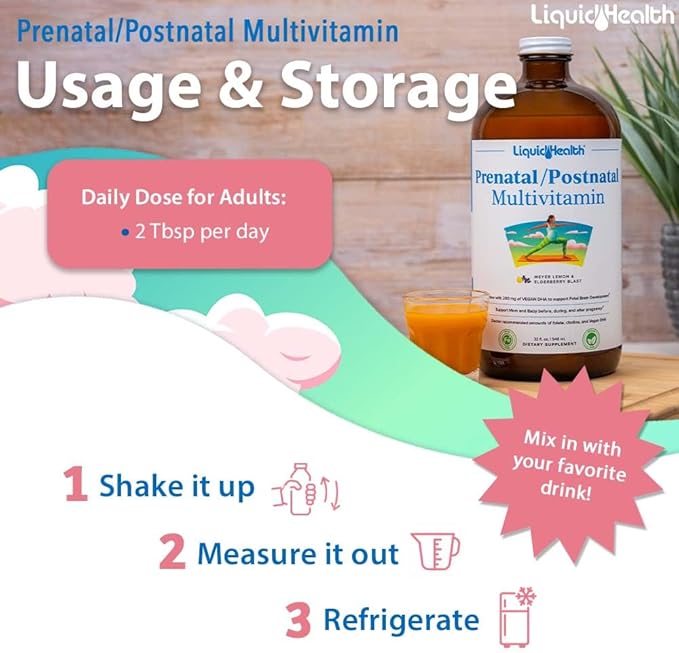 LIQUIDHEALTH Prenatal/Postnatal Multiple Liquid Women's Multivitamin with Real Folate - Pre &amp Postnatal Vitamins for Before During After Pregnancy - Made in USA Vegan Sugar-Free Non-GMO (3 Pa