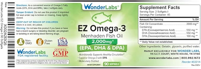 Atlantic Menhaden Fish Oil Omega-3 2000 mg Burpless Made in The USA Perfect Balance of EPA+ DHA + DPA 90 Softgels