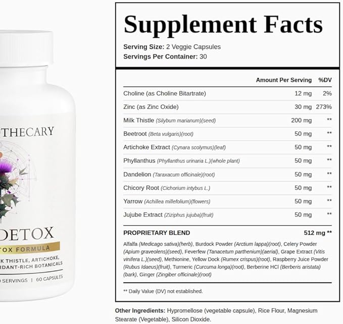 Liver Detox &amp Support Supplement with Milk Thistle 200mg Dandelion Root Artichoke - 22 Ingredient Liver Health Formula with Zinc Choline Turmeric Berberine - 60 Vegan Capsules