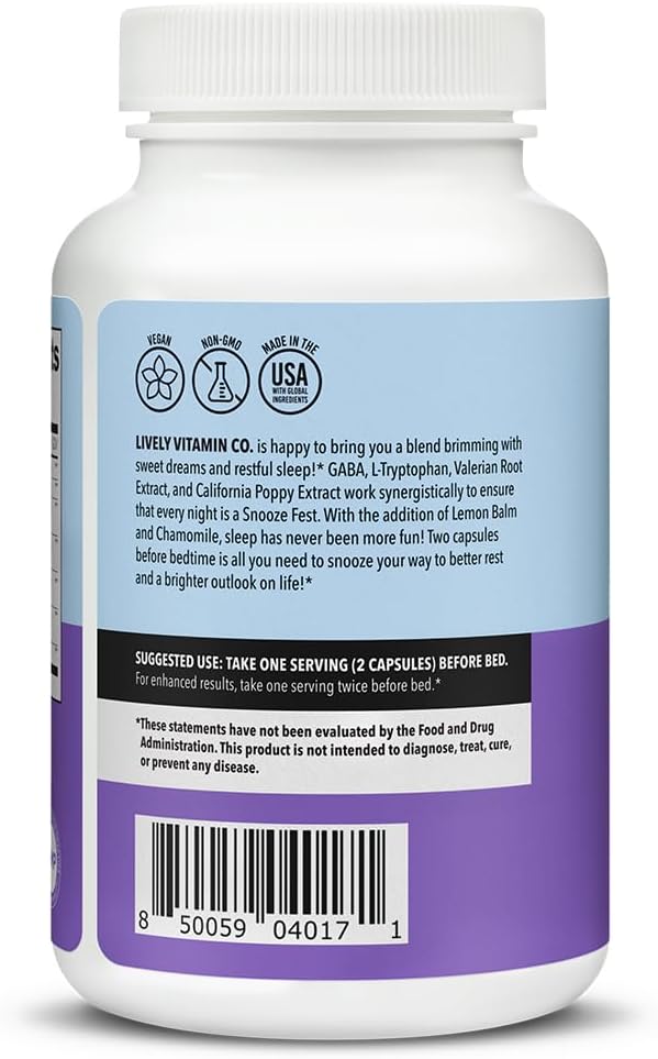 LIVELY VITAMIN CO Snooze Fest - Full REM Cycles - Balanced Sleep - Relax Body &amp Mind - Rest &amp Recovery - GABA - Chamomile - Melatonin - Tryptophan - Valerian Root - Lemon Balm - Poppy - 120 Co