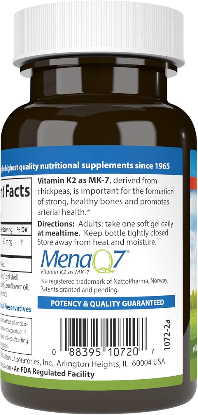 Carlson - Vitamin K2 MK-7 (Menaquinone) 90 mcg Bone Support Calcium Bioavailability K2 Vitamin Vitamin K-2 120 Softgels