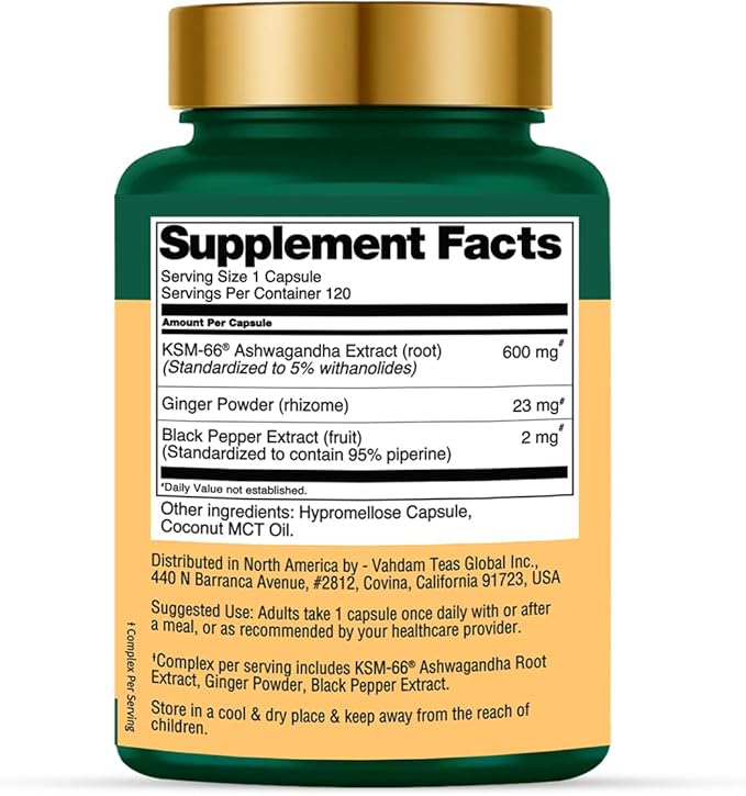 VAHDAM KSM -66 Ashwagandha 625 mg with Ginger &amp Piperine Support Stress Relief (120 Capsules)