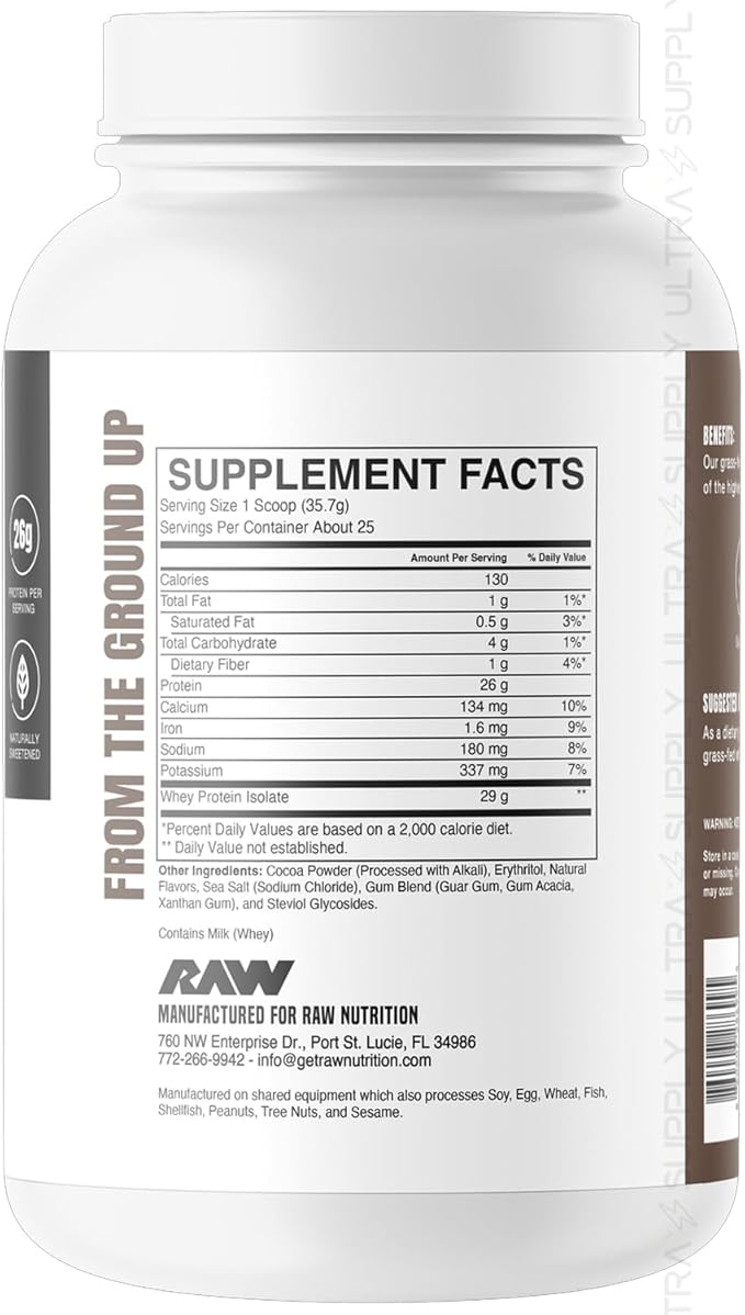 RAW 25g Grass-Fed Whey Isolate Protein Powder Dark Chocolate Flavor 25 Servings