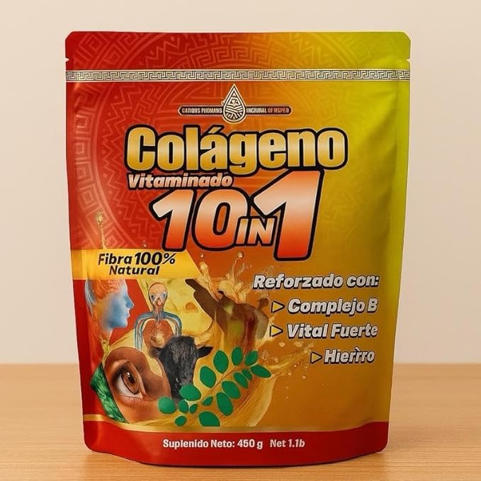 Colageno Vitaminado 10-in-1 Premium Collagen Powder with Vitamin B Complex Moringa Iron Natural Fiber 450g (1 lb) Dietary Beauty Support Supplement