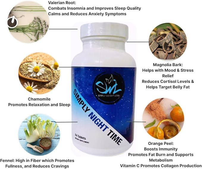 Simply Night Time | Weight Loss Support | Better Sleep | Mood Enhancer and Stress Relief | Botanical Blend - Valerian Root Cascara Sagrada Magnolia Bark Chamomile | 84 Count