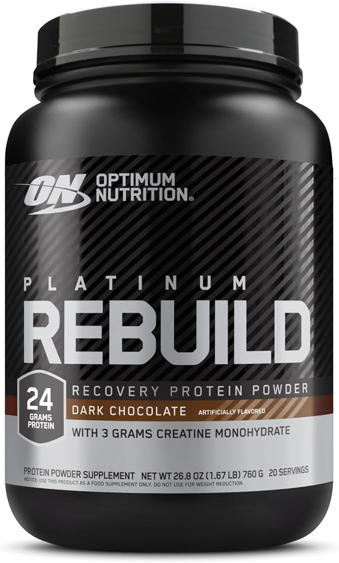 Optimum Nutrition Platinum Rebuild Premium Platinum Blend Protein Powder with Creatine Monohydrate Dark Chocolate 20 Servings