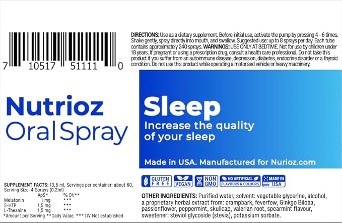 Sleep Oral Spray – 240 Sprays – Melatonin + 5-HTP + L-Theanine for Restful Sleep – Vegan Made in USA