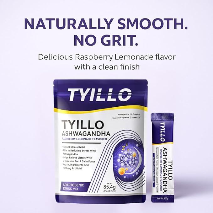 TYILLO Ashwagandha Drink Mix Raspberry Lemonade Flavor with L-Theanine Magnesium &amp D3 – Stress Relief Calm Focus &amp Sleep Support 20 Servings Sugar-Free Vegan Non-GMO Made In USA