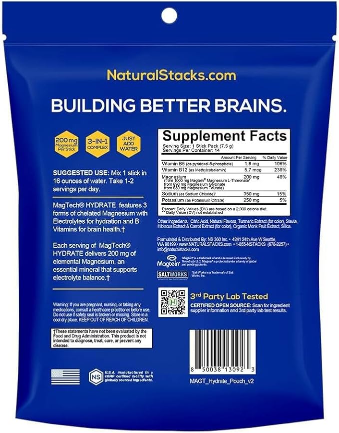 MagTech Magnesium Hydrate Packets - Sugar Free Hydration Powder - Magtein Magnesium L-Threonate Glycinate &amp Taurate - 200mg Chelated Triple Complex - Supports Hydration &amp Brain Health* - 14 S