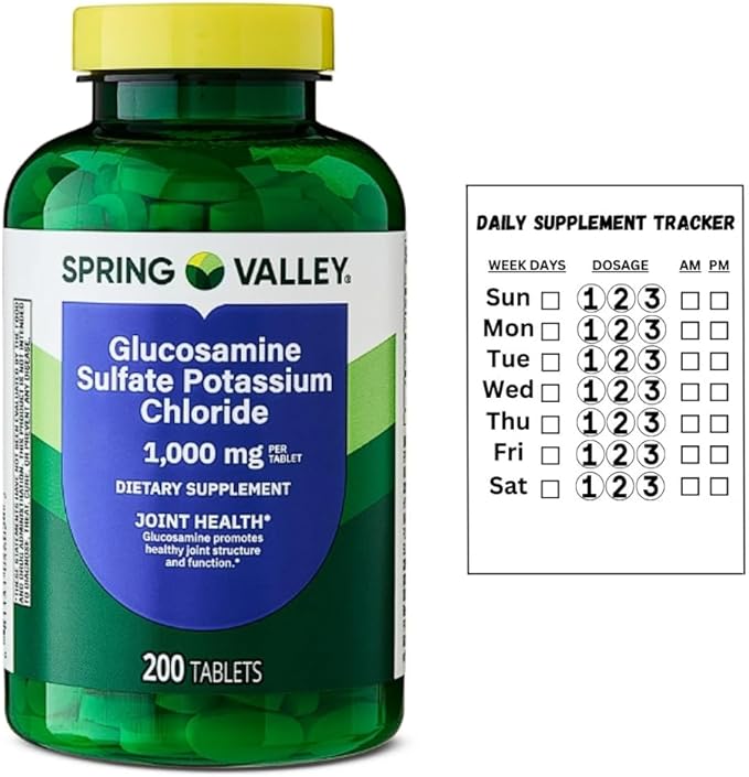 Glucosamine Sulfate Potassium Chloride 1000 mg Spring Valey | Joint Health Support | 200 Tablets + Daily Supplement Tracker Sticker