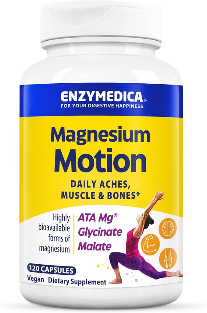 Enzymedica Magnesium Motion with 3 Forms of Magnesium ATA Mg Glycinate Malate Soothes Occasional Aches Supports Bones &amp Muscles 120 Capsules
