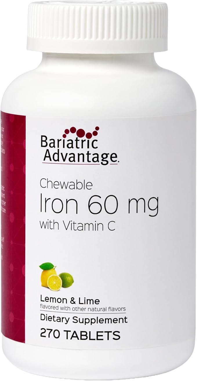 Bariatric Advantage Chewable Iron 60 mg - for Bariatric Surgery Patients - Iron with Vitamin C - No Iron Taste - Carbonyl Iron Supplement - Lemon &amp Lime - 270 Count