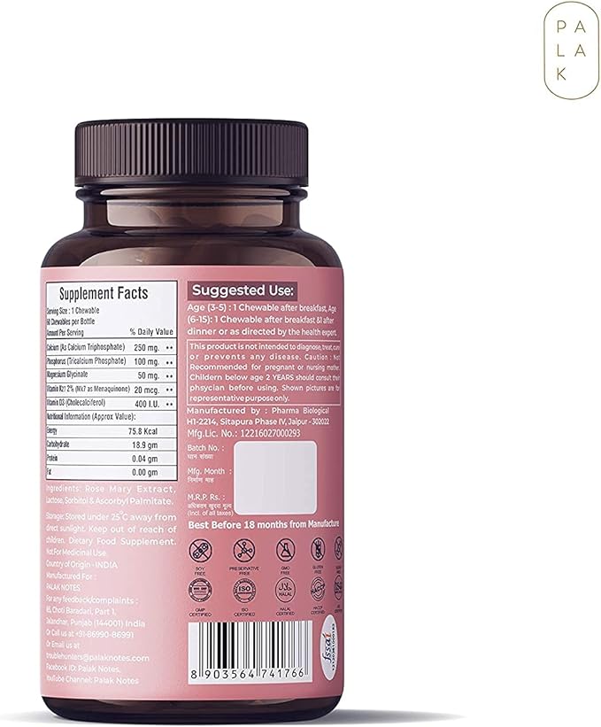 Astha Palak Notes: Kids Calcium with Vitamin D3 K2 and Magnesium | No Sugar Chewables | 60 Chewables