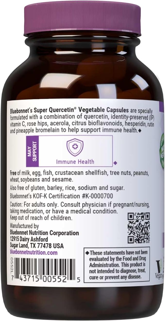 Bluebonnet Nutrition Super Quercetin Vegetable Capsules Vitamin C Formula Best for Seasonal &amp Immune Support Non GMO Gluten Free Soy Free Milk Free Kosher 60 Vegetable Capsules