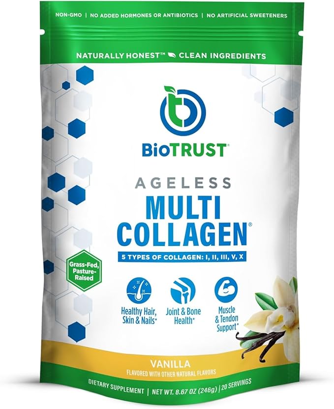 BioTrust Ageless Multi Collagen Peptides Powder – 5 Types (I II III V X) – Vanilla Collagen Powder for Women &amp Men – Hydrolyzed Protein – Grass Fed Beef Fish Chicken Eggshell Membrane