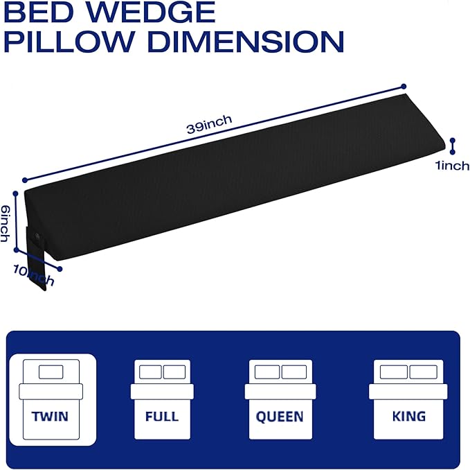 Twin Bed Wedge Pillow for Bed Gap Filler/Headboard Gap Black Long Triangle Corner Pillows with PocketsDense FoamPillow Prevents Stuff DropsBetween Twin Mattress and Frames Home Beds Accessories