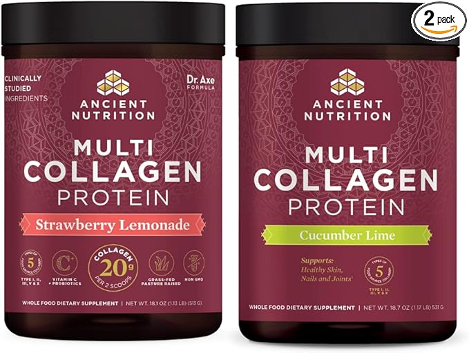 Ancient Nutrition Multi Collagen Protein Powder Strawberry Lemonade 45 Servings + Multi Collagen Protein Powder Cucumber Lime 45 Servings