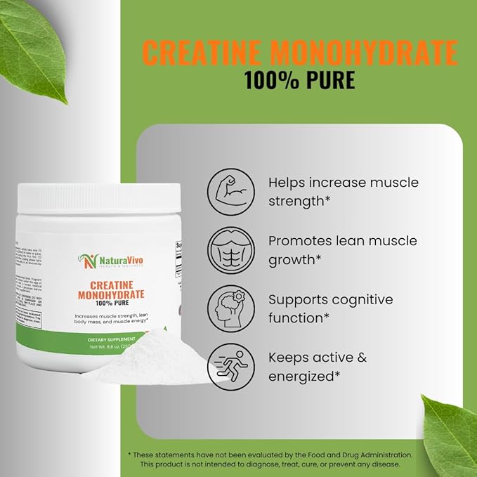 Creatine Monohydrate Powder – 5000mg per Serving – Supports Lean Muscle Growth Energy Cognitive Function Muscle Strength Athletic Performance 100% Pure Supplement - 50 Servings Unflavored