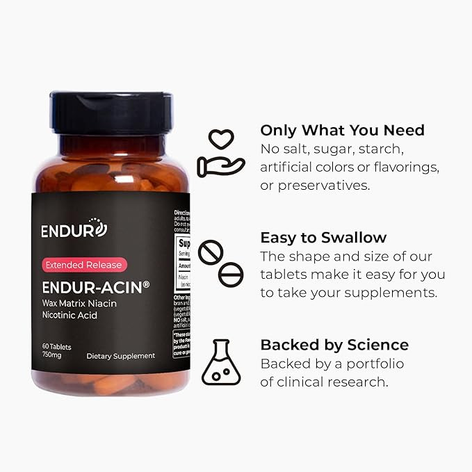 ENDUR-ACIN Niacin Supports Heart &amp Circulatory Function Extended Release Formula Gluten Free 750mg (60 Tablets)