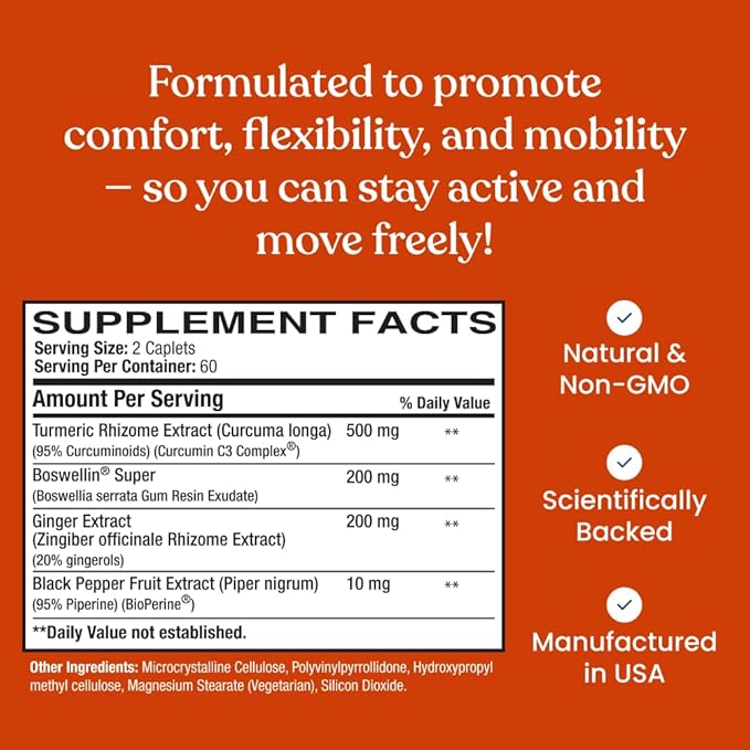 Better Way Health™ Curcumin Plus – Turmeric Curcumin C3® Complex with Boswellin® BioPerine® and Ginger – Joint Support &amp Inflammation Relief Supplement – 120 Caplets