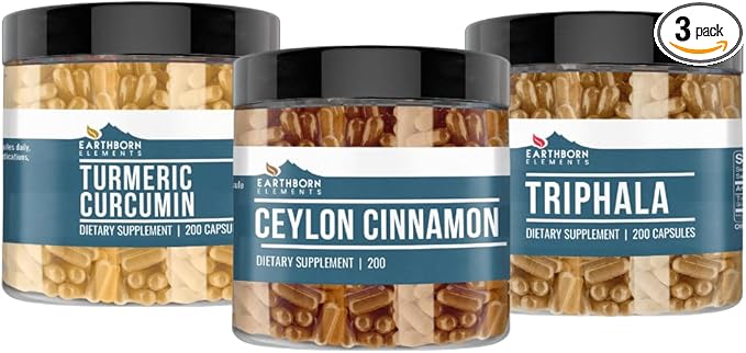 Earthborn Elements Ceylon Cinnamon Turmeric Curcumin &amp Triphala Capsule Bundle (200 Capsules Each) Pure &amp Undiluted No Additives