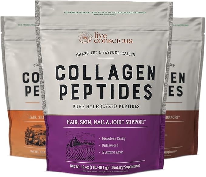 Live Conscious Collagen Peptides Flavor Bundle - Unflavored Chocolate Peach Mango Flavored Collagen Powder - Hair Skin Nail &amp Joint Support - Type I &amp III Collagen Supplements for Women &