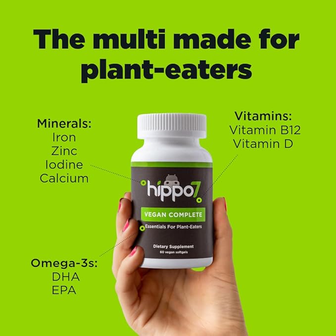 Hippo7 Vegan Complete Multivitamin Vitamin B12 Vitamin D Omega-3 DHA+EPA Calcium Iodine Zinc &amp Iron. (1 Bottle 60 Softgels)