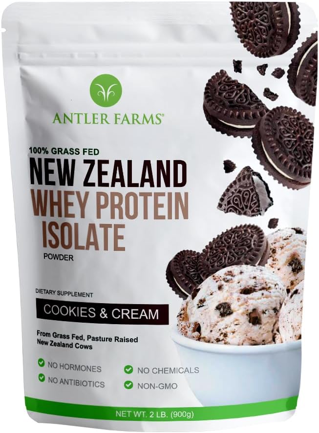 Antler Farms - 100% Grass Fed New Zealand Whey Protein Isolate Cookies &amp Cream Flavor 2 lbs - Pure and Clean 5 Ingredients Cold Processed