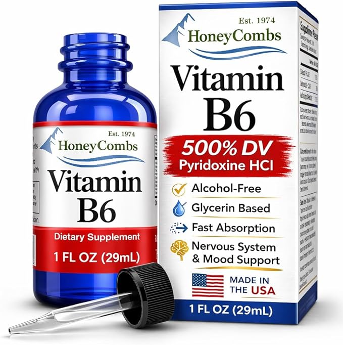 HoneyCombs Vitamin B6 Liquid Drops 500% DV Pyridoxine HCI B6 Supplement Alcohol Free Fast Absorbing B6 Vitamins for Energy Brain &amp Immune Support Made in the USA