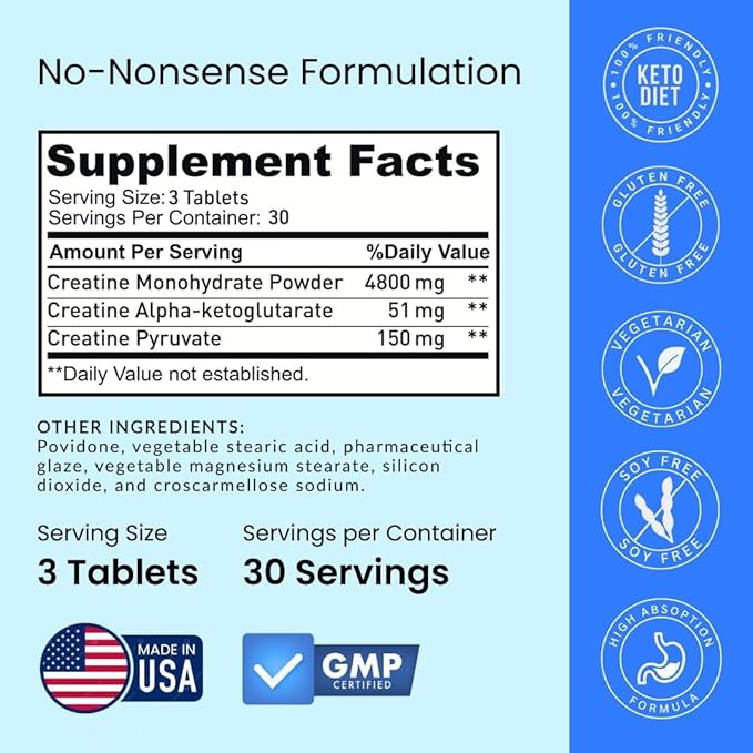 Crazy Muscle Creatine Pills 5g 3X Pure Creatine Monohydrate Pre Workout Muscle Mass Gainer High Absorption ThreeAtine Performance Men Women Tablets - 30 servings