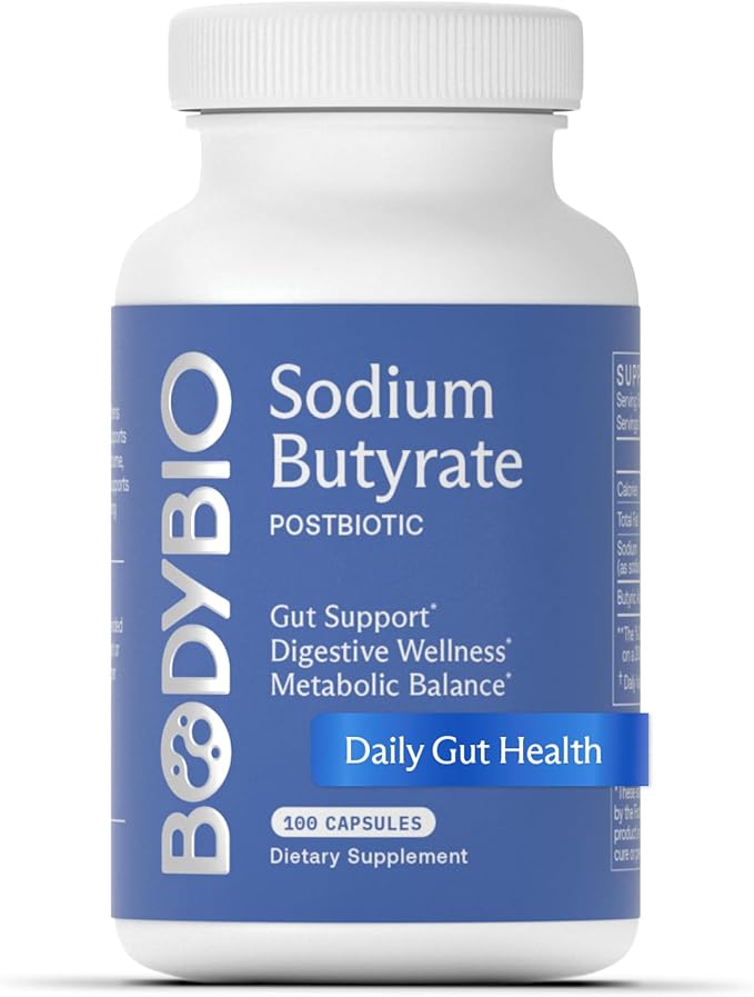BodyBio Butyrate - Postbiotic for Gut Health Digestive Support Bloat Gas &amp Constipation Relief Leaky Gut Repair - Sodium + Butyric Acid Supplement for GI Wellness