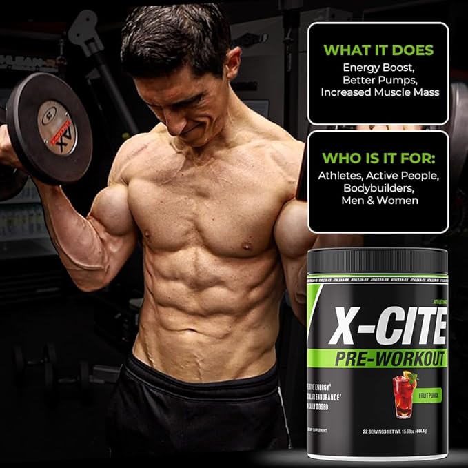 X-CITE Pre-Workout by ATHLEAN-X - Enhanced Formula with Beta-Alanine Creatine &amp Caffeine for Ultimate Energy Endurance Focus &amp Muscle Pump NSF Certified for Sports (Sour Green Apple)