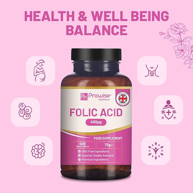 Folic Acid Tablets 400 mcg - 400 Vegan Vitamin B9 Tablets | 13 Month Supply | Vitamin B9 Pregnancy Care | Normal Function of Immune System &amp Maternal Tissue Growth During Pregnancy | UK Made – Pro