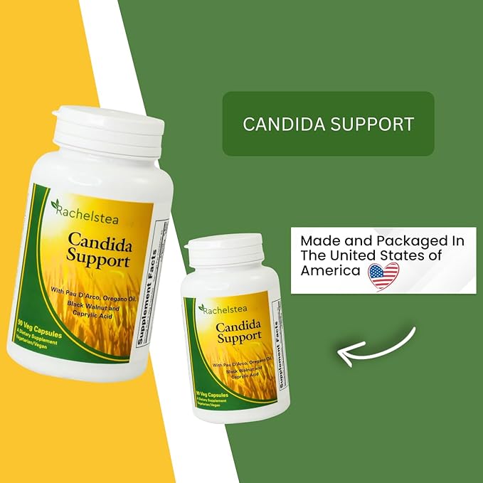 Rachel's Tea and Candida Support: 30 Day Supply Turmeric Wild Yam Ginger Peppermint Fennel Slippery Elm + Candida Support Capsules
