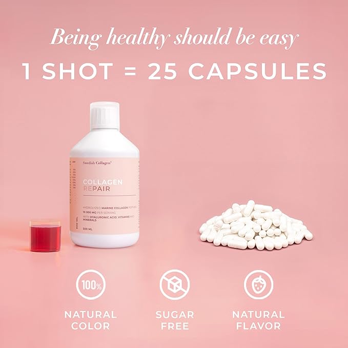 Swedish Collagen Repair | 10000 mg Hydrolyzed Marine Collagen Liquid Supplement - 500 ml 20 Day Supply I Hyaluronic Acid Biotin &amp Vitamin C for Healthy Hair Skin Nails &amp Joints | Sugar-Fr