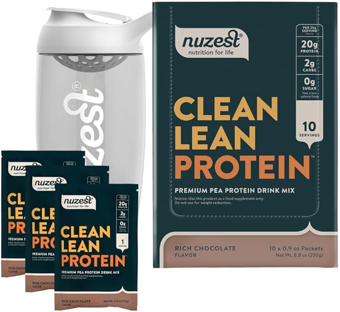 Nuzest Vegan Pea Protein Powder - Clean Lean Protein 10 Servings 20g Protein Rich Chocolate Protein Shake Mix + Sports Shaker Bottle 24oz