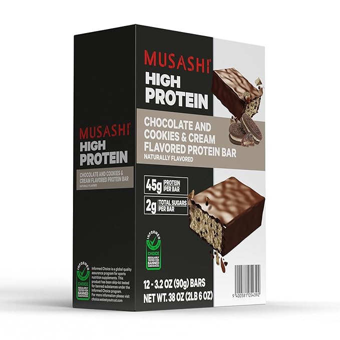 MUSASHI High Protein Bar 45g Protein 2g Total Sugars Cookies &amp Cream Post Workout and Protein Snack On The Go 12 Pack of 3.2oz (90g) Bars