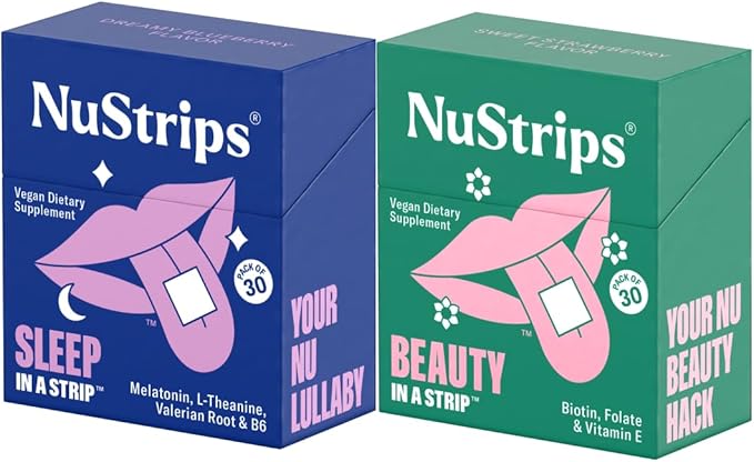 NuStrips Fast Dissolving Sleep &amp Beauty Oral Strips Travel Bundle with Melatonin Valerian Root L-Theanine Vitamin B6 Biotin Folate &amp Vitamin E